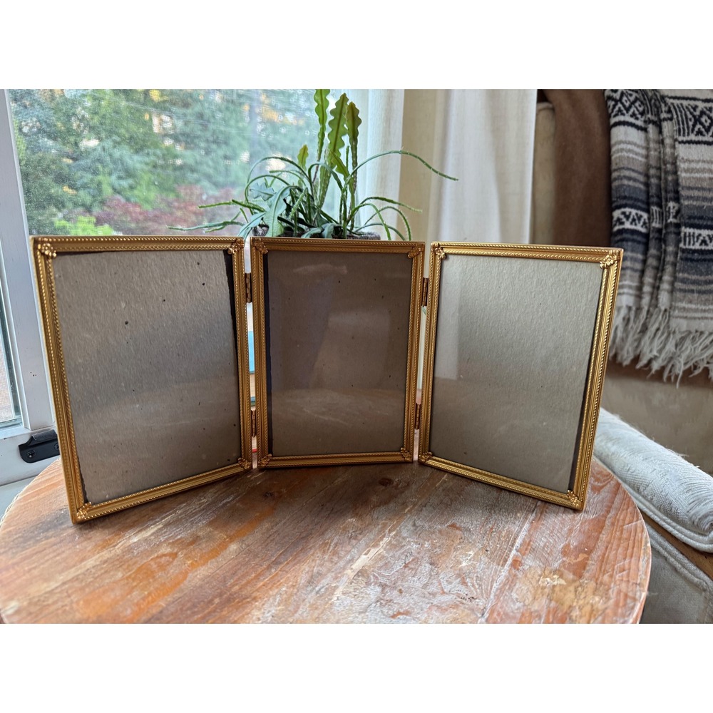 Vintage Gold Triptych Folding Triple Picture Frame Hinged 5x7 Tabletop Decor